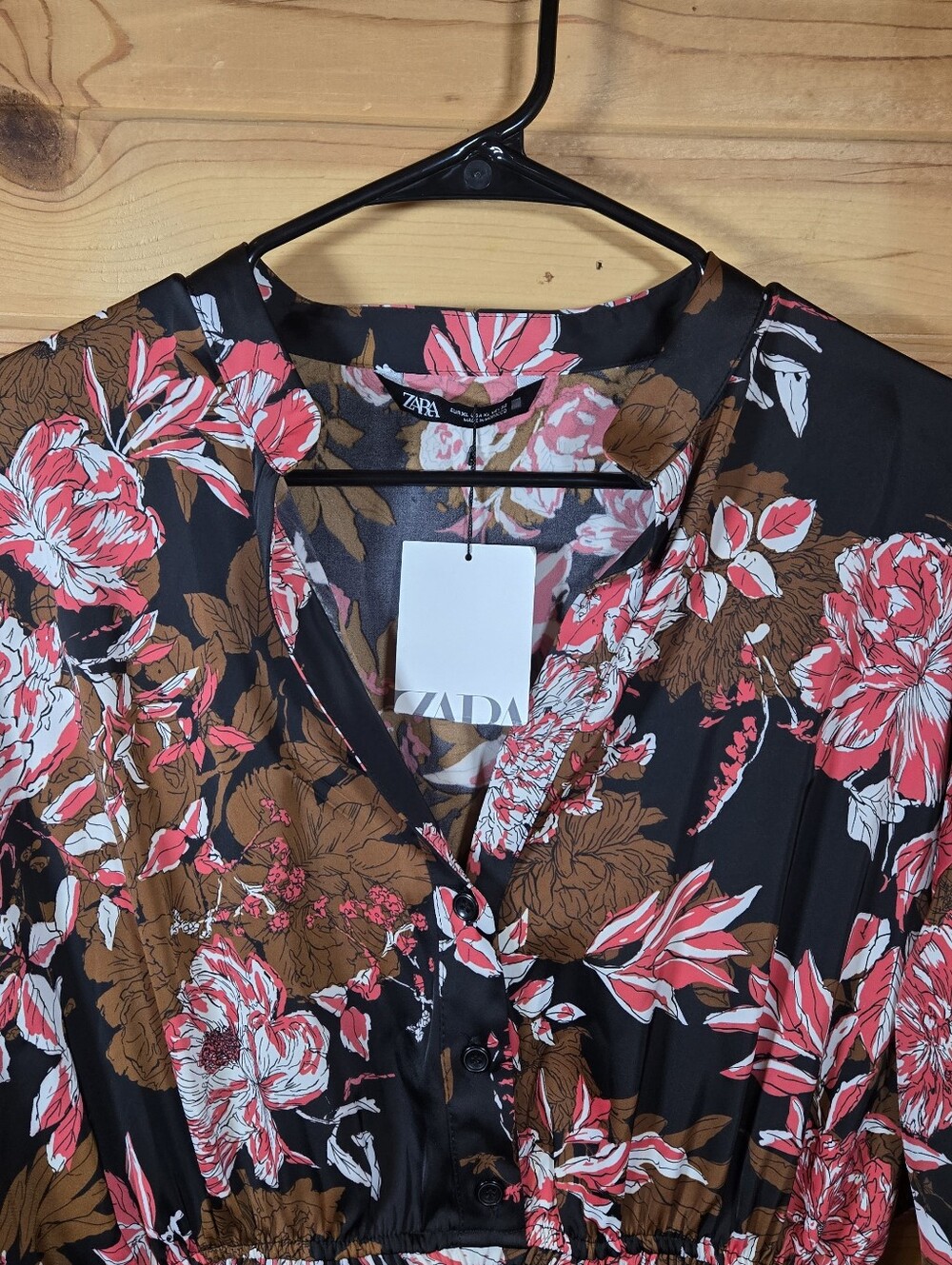 Zara Floral Print Mini Dress Smocked Waist Ruffle Hem XL Black Bown Pink NWT New
